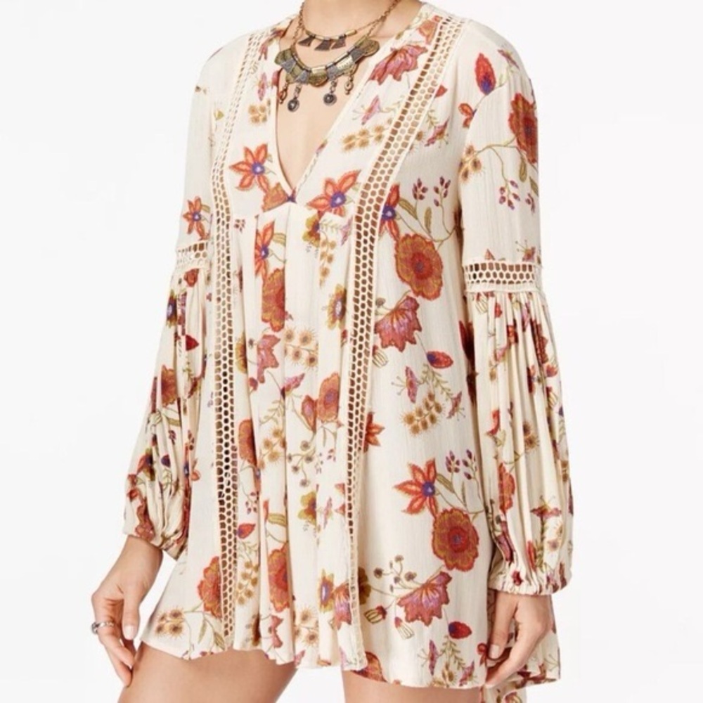 Floral Boho Blouse tunic free people size medium short dress Crochet Details - Picture 5 of 11